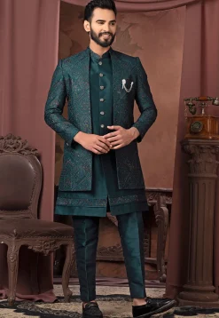 Embroidered Art Silk Sherwani in Dark Teal Green