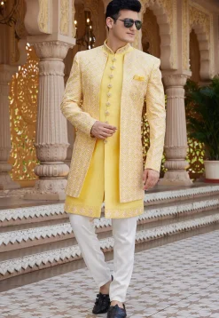 Embroidered Art Silk Sherwani in Yellow