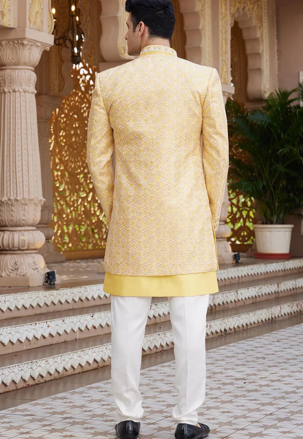 Embroidered Art Silk Sherwani in Yellow