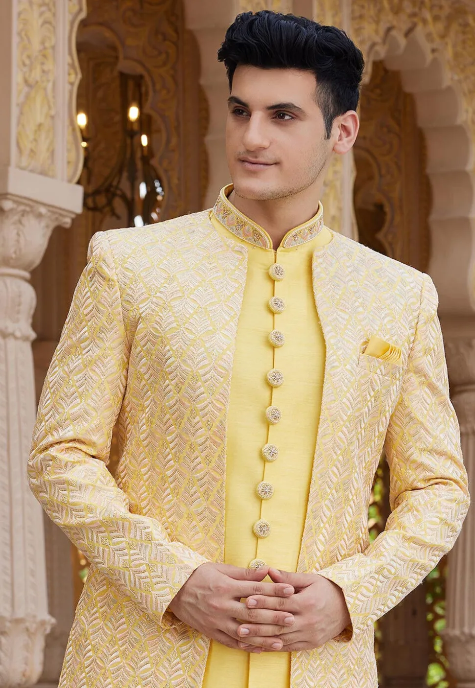 Embroidered Art Silk Sherwani in Yellow