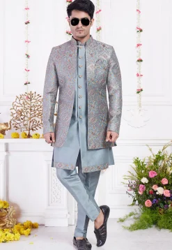 Embroidered Art Silk Sherwani in Dusty Blue