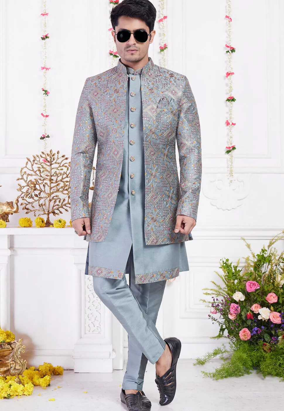 Embroidered Art Silk Sherwani in Dusty Blue