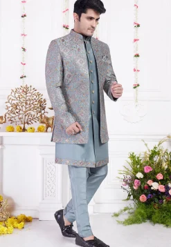 Embroidered Art Silk Sherwani in Dusty Blue