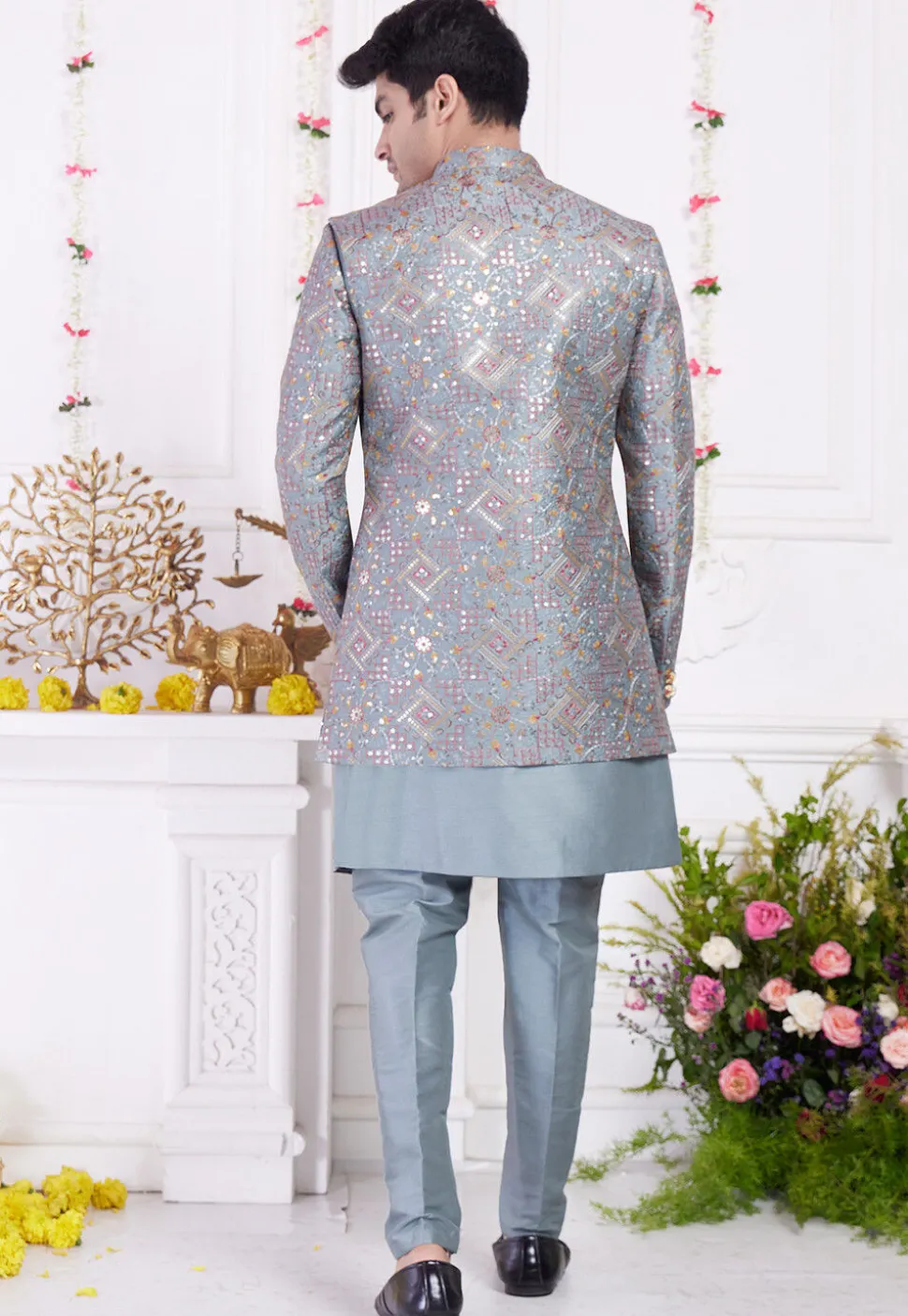 Embroidered Art Silk Sherwani in Dusty Blue