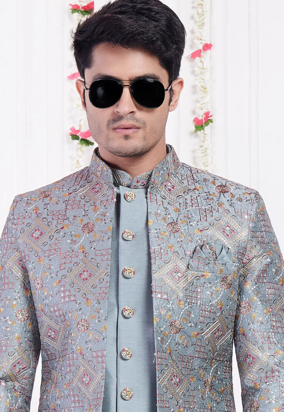 Embroidered Art Silk Sherwani in Dusty Blue