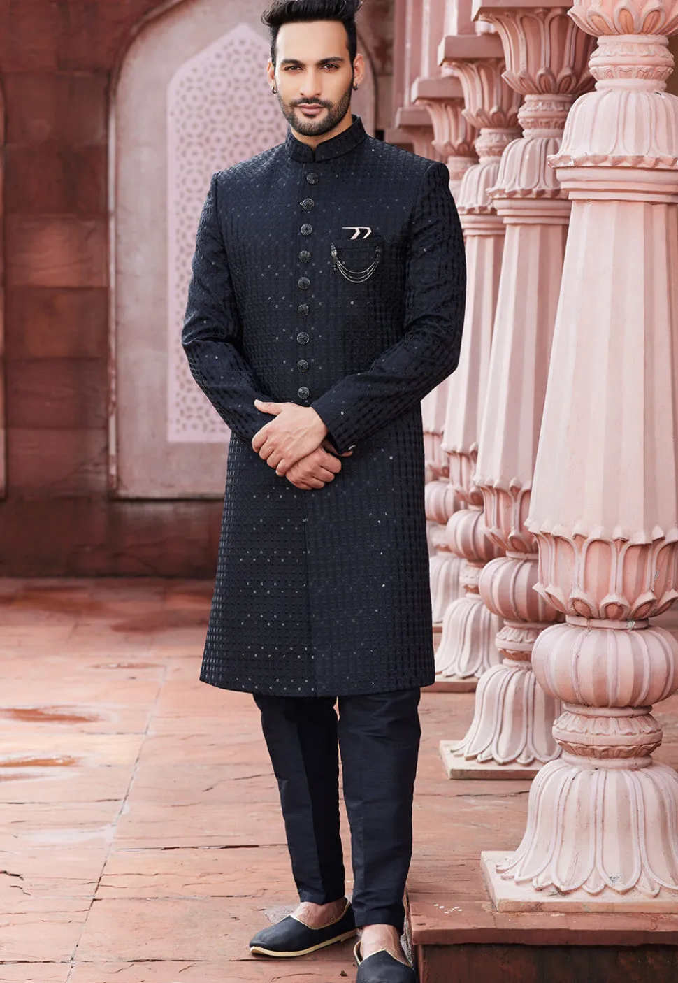 Embroidered Art Silk Sherwani in Black