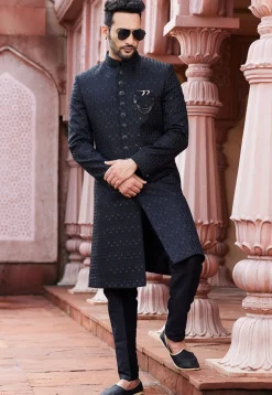 Embroidered Art Silk Sherwani in Black