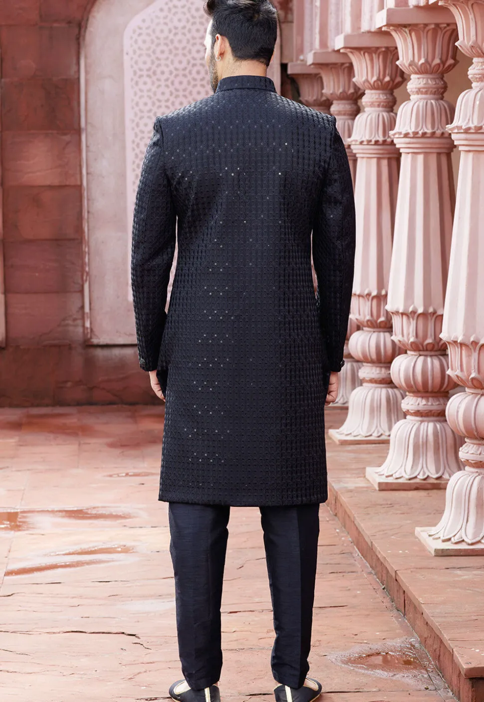 Embroidered Art Silk Sherwani in Black