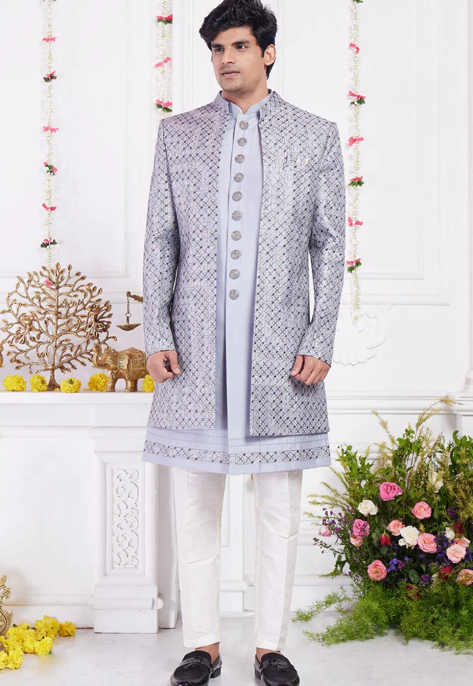 Embroidered Art Silk Sherwani in Grey