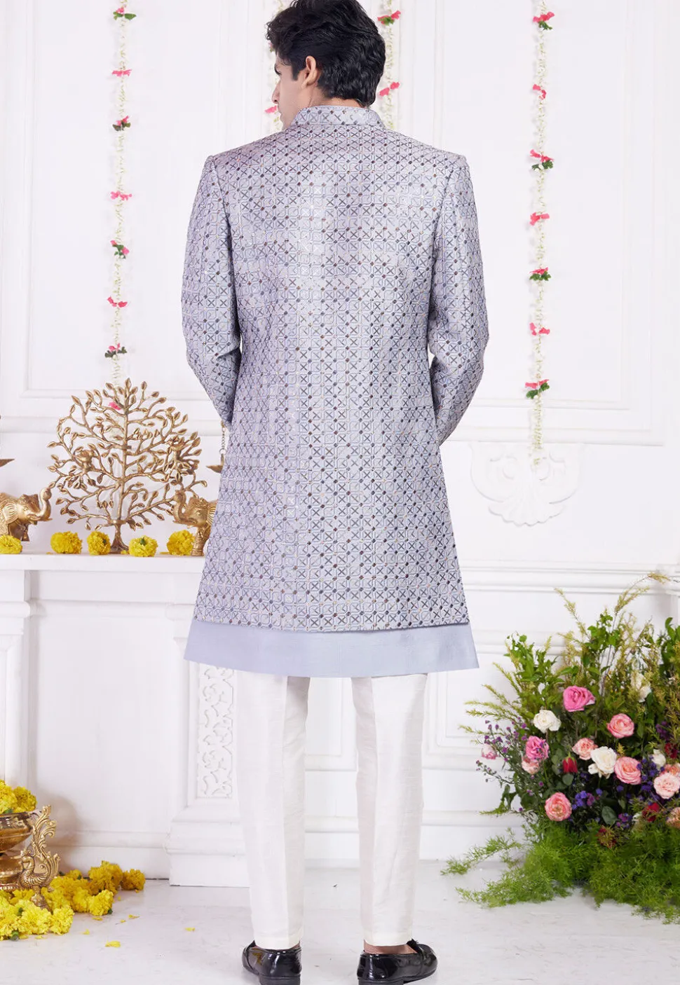 Embroidered Art Silk Sherwani in Grey