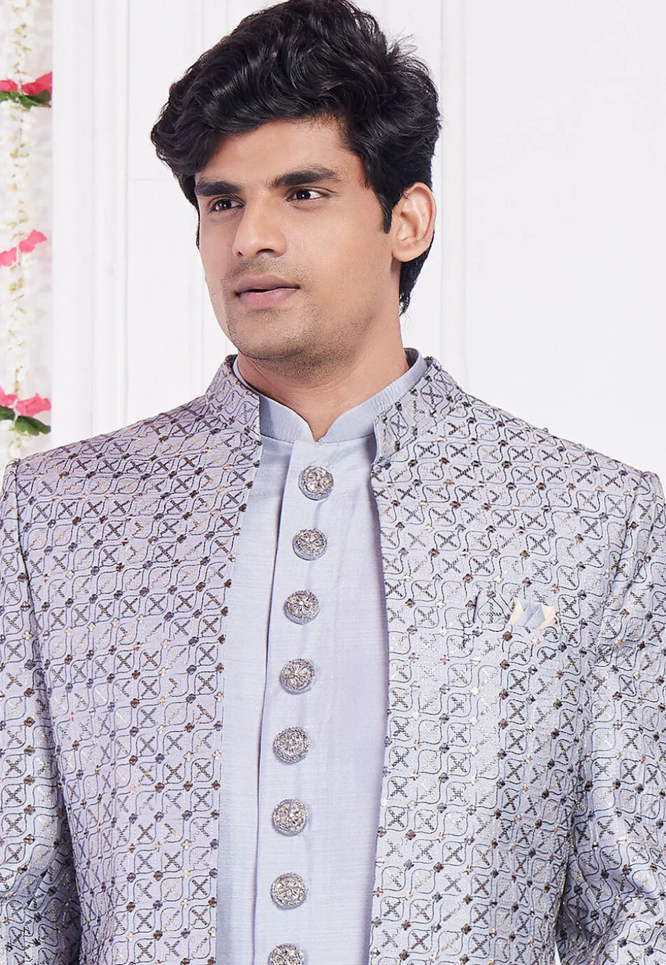 Embroidered Art Silk Sherwani in Grey