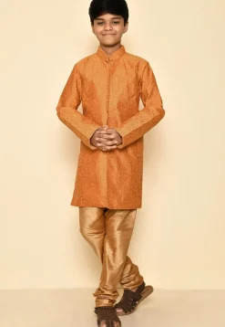 Embroidered Art Silk Sherwani Set in Mustard