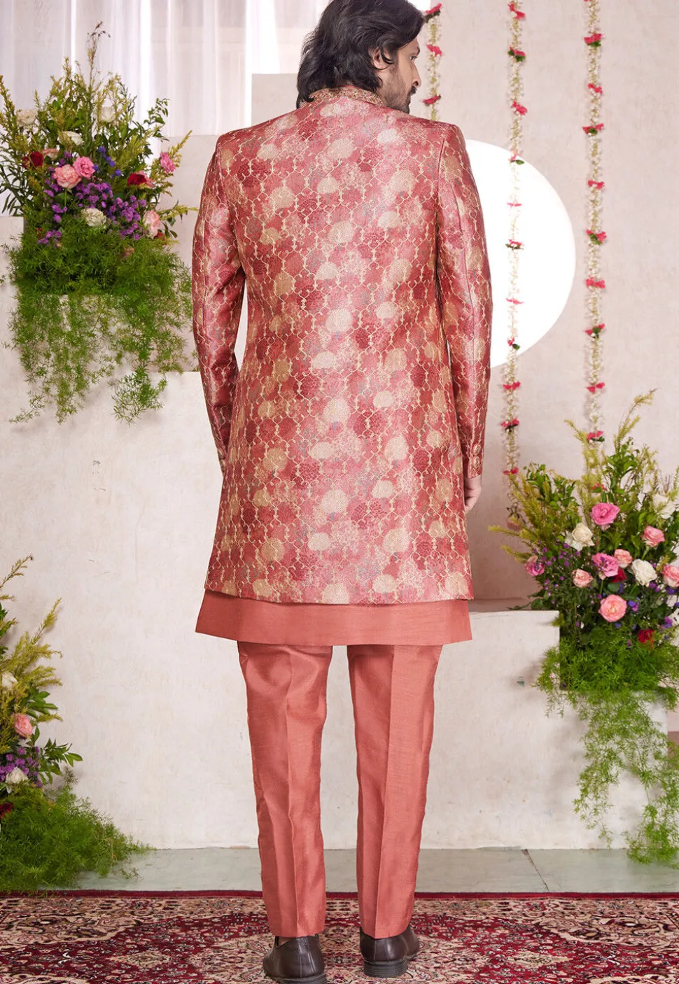 Embroidered Art Silk Sherwani in Orange