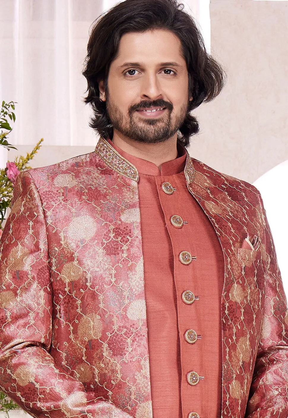 Embroidered Art Silk Sherwani in Orange