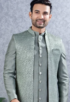 Embroidered Art Silk Sherwani in Dusty Green