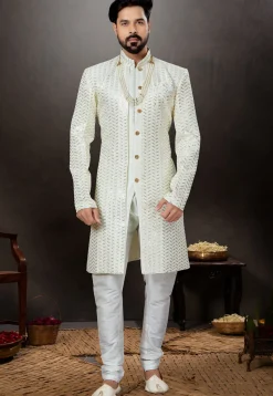Embroidered Art Silk Sherwani in Off White