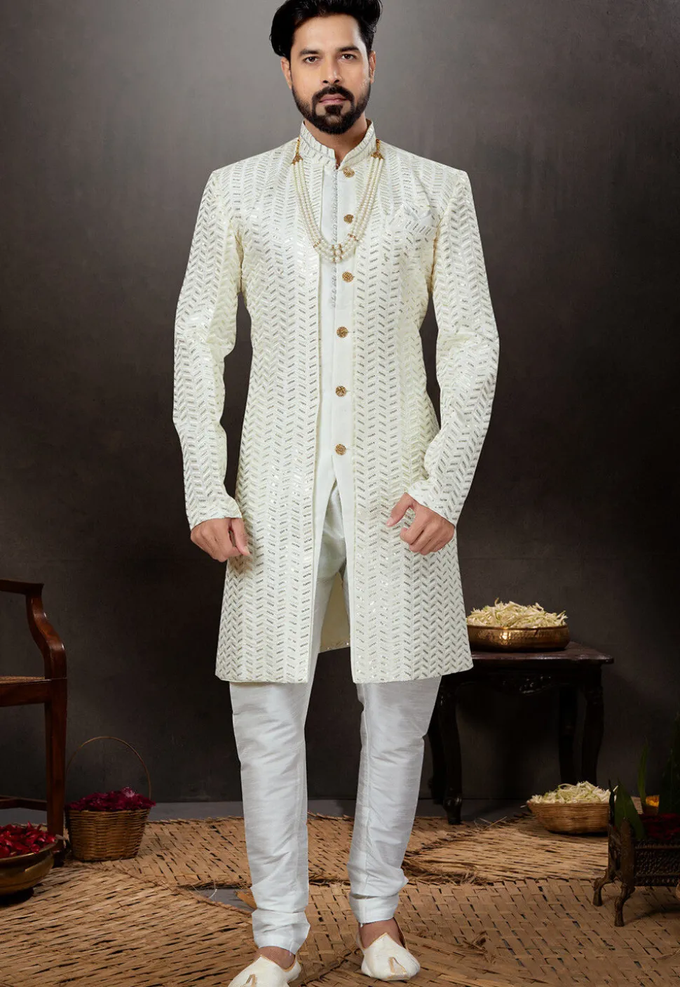 Embroidered Art Silk Sherwani in Off White