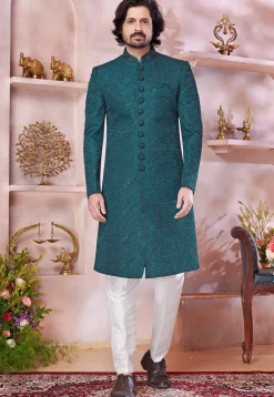 Embroidered Art Silk Sherwani in Teal Green