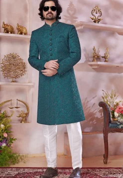 Embroidered Art Silk Sherwani in Teal Green