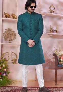 Embroidered Art Silk Sherwani in Teal Green