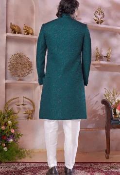 Embroidered Art Silk Sherwani in Teal Green