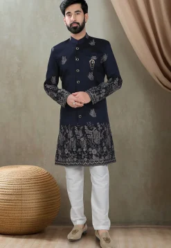 Embroidered Art Silk Sherwani in Navy Blue