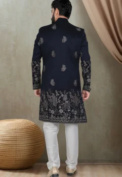 Embroidered Art Silk Sherwani in Navy Blue