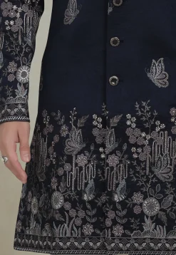 Embroidered Art Silk Sherwani in Navy Blue