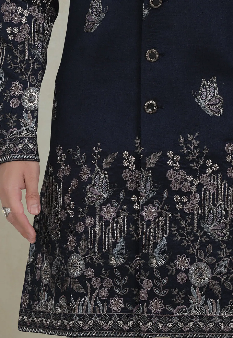 Embroidered Art Silk Sherwani in Navy Blue
