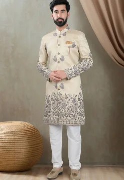 Embroidered Art Silk Sherwani in Light Beige