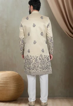 Embroidered Art Silk Sherwani in Light Beige