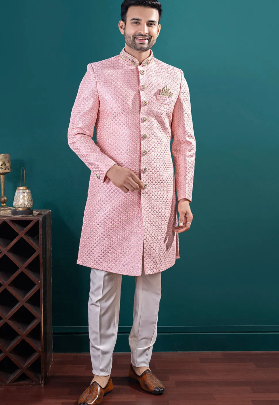 Embroidered Art Silk Sherwani in Pink