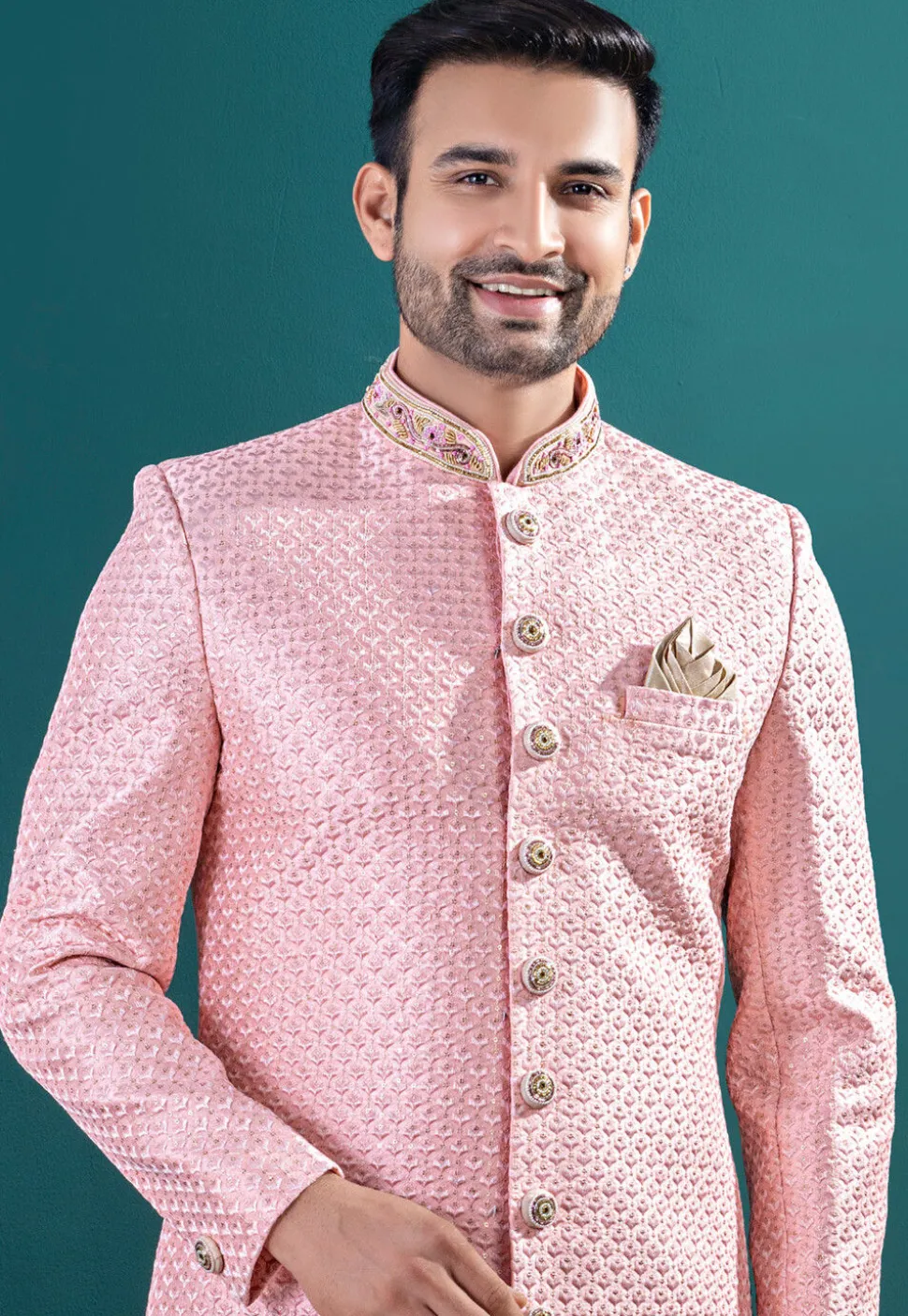 Embroidered Art Silk Sherwani in Pink