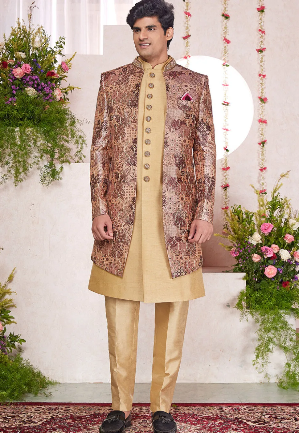 Embroidered Art Silk Sherwani in Beige