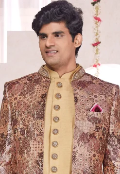 Embroidered Art Silk Sherwani in Beige