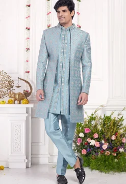 Embroidered Art Silk Sherwani in Light Blue