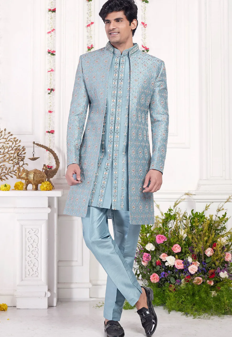 Embroidered Art Silk Sherwani in Light Blue