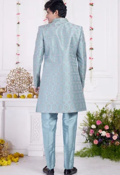 Embroidered Art Silk Sherwani in Light Blue