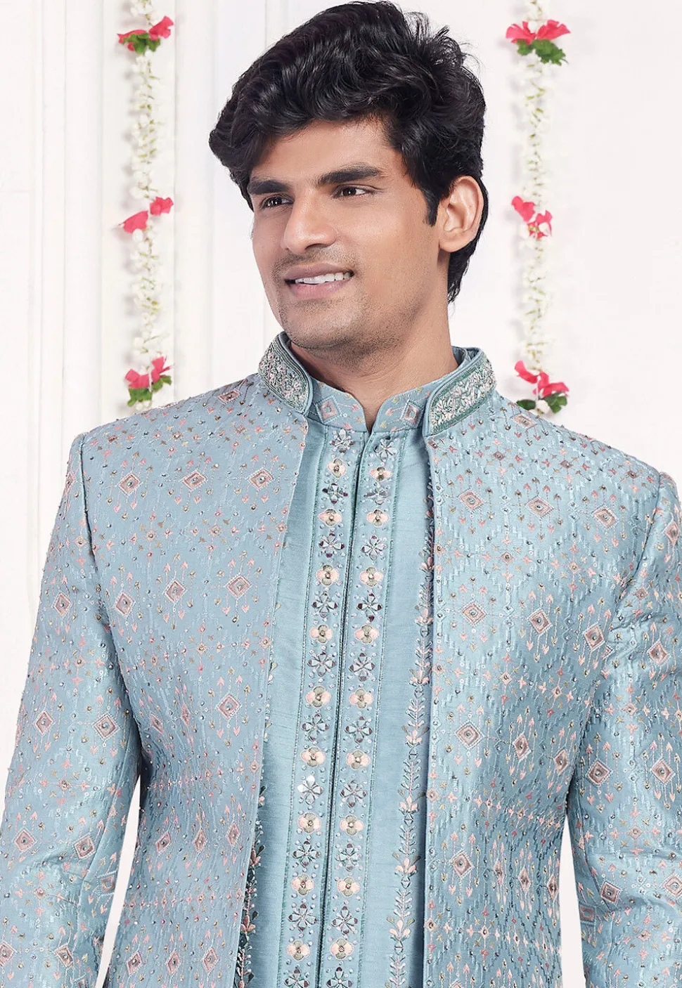 Embroidered Art Silk Sherwani in Light Blue