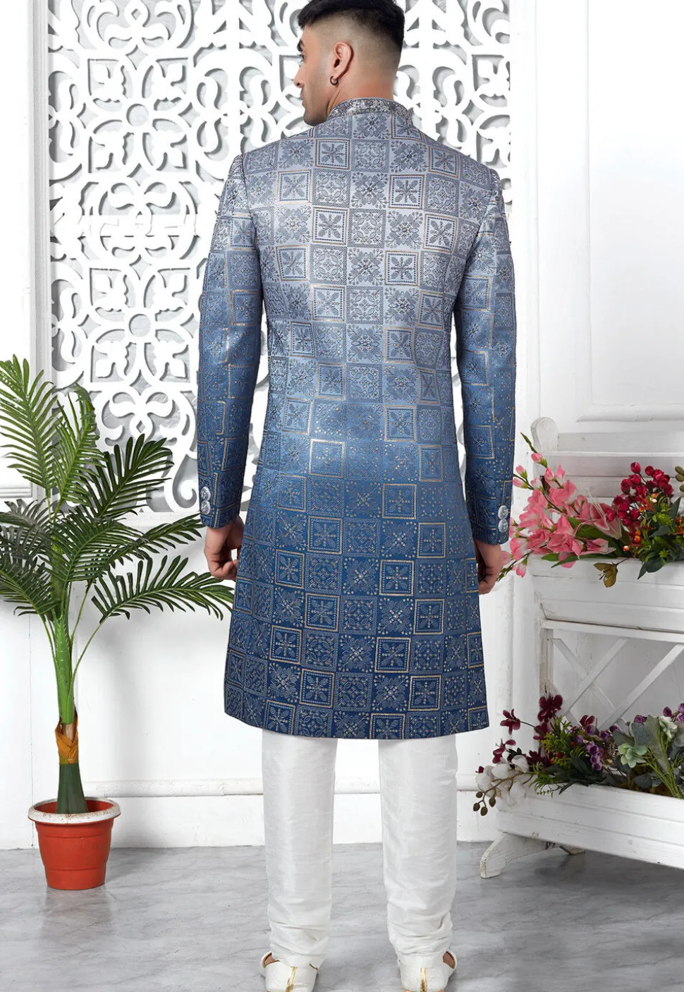 Embroidered Art Silk Sherwani in Blue Ombre
