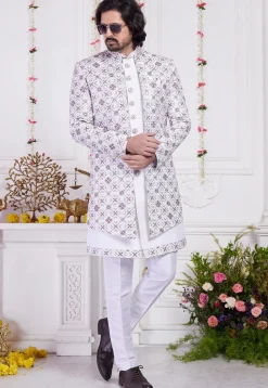 Embroidered Art Silk Sherwani in Off White