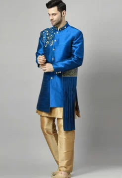 Embroidered Art Silk Sherwani in Royal Blue and Golden