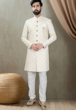 Embroidered Art Silk Sherwani in Off White