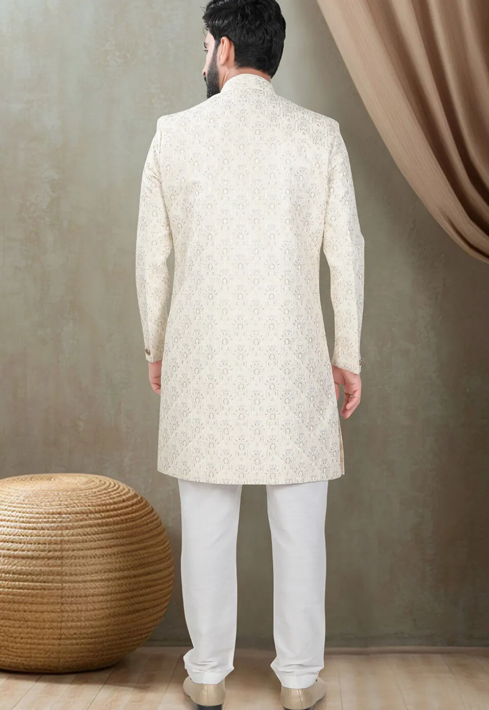 Embroidered Art Silk Sherwani in Off White