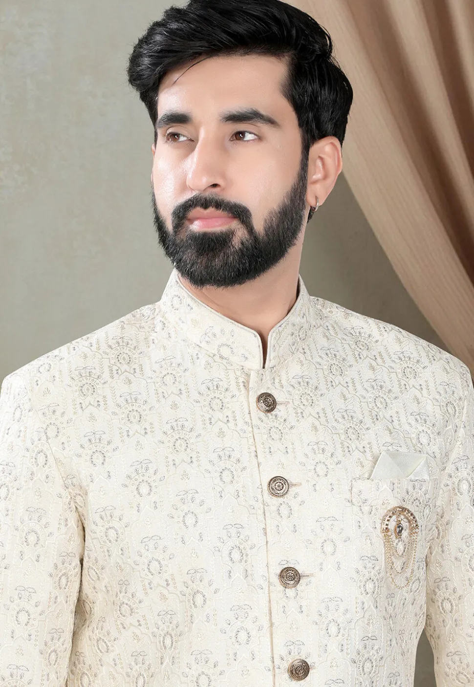Embroidered Art Silk Sherwani in Off White