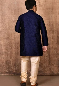 Embroidered Art Silk Sherwani Set in Navy Blue