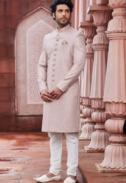 Embroidered Art Silk Sherwani in Peach