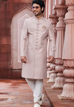 Embroidered Art Silk Sherwani in Peach