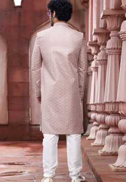 Embroidered Art Silk Sherwani in Peach