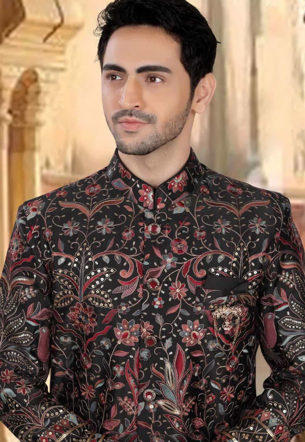 Embroidered Art Silk Sherwani in Black
